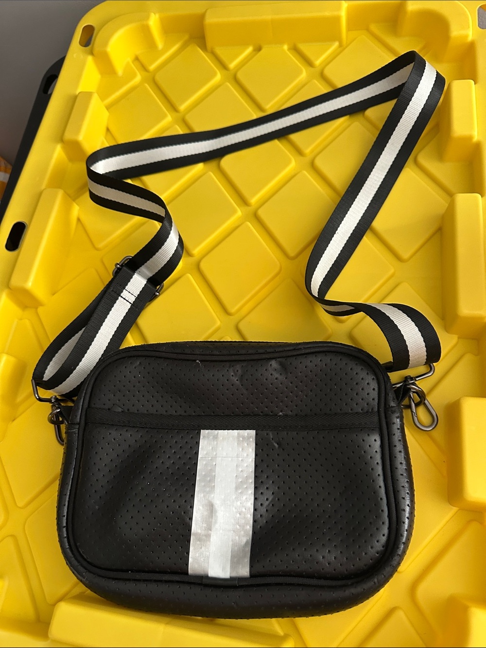 Haute Shore Black Crossbody Bag with Striped Strap